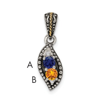 Sterling Silver Antique with 14k 2-stone with Diamond Family Pendant with 18in Chain