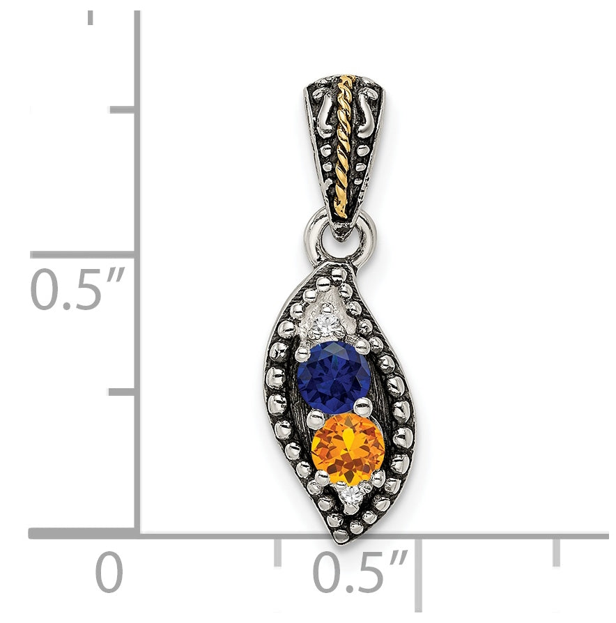 Sterling Silver Antique with 14k 2-stone with Diamond Family Pendant with 18in Chain