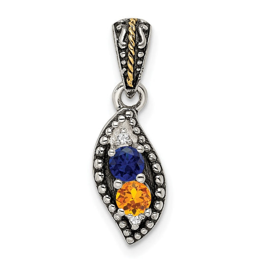 Sterling Silver Antique with 14k 2-stone with Diamond Family Pendant with 18in Chain