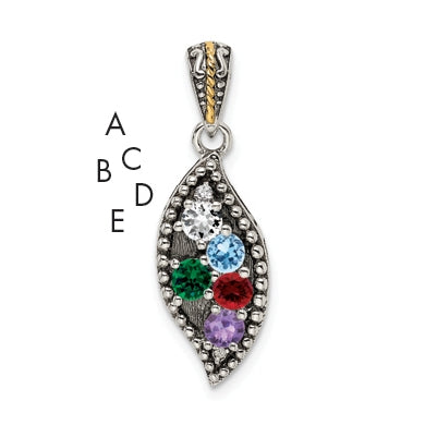 Sterling Silver Antique with 14k 5-stone with Diamond Family Pendant with 18in Chain