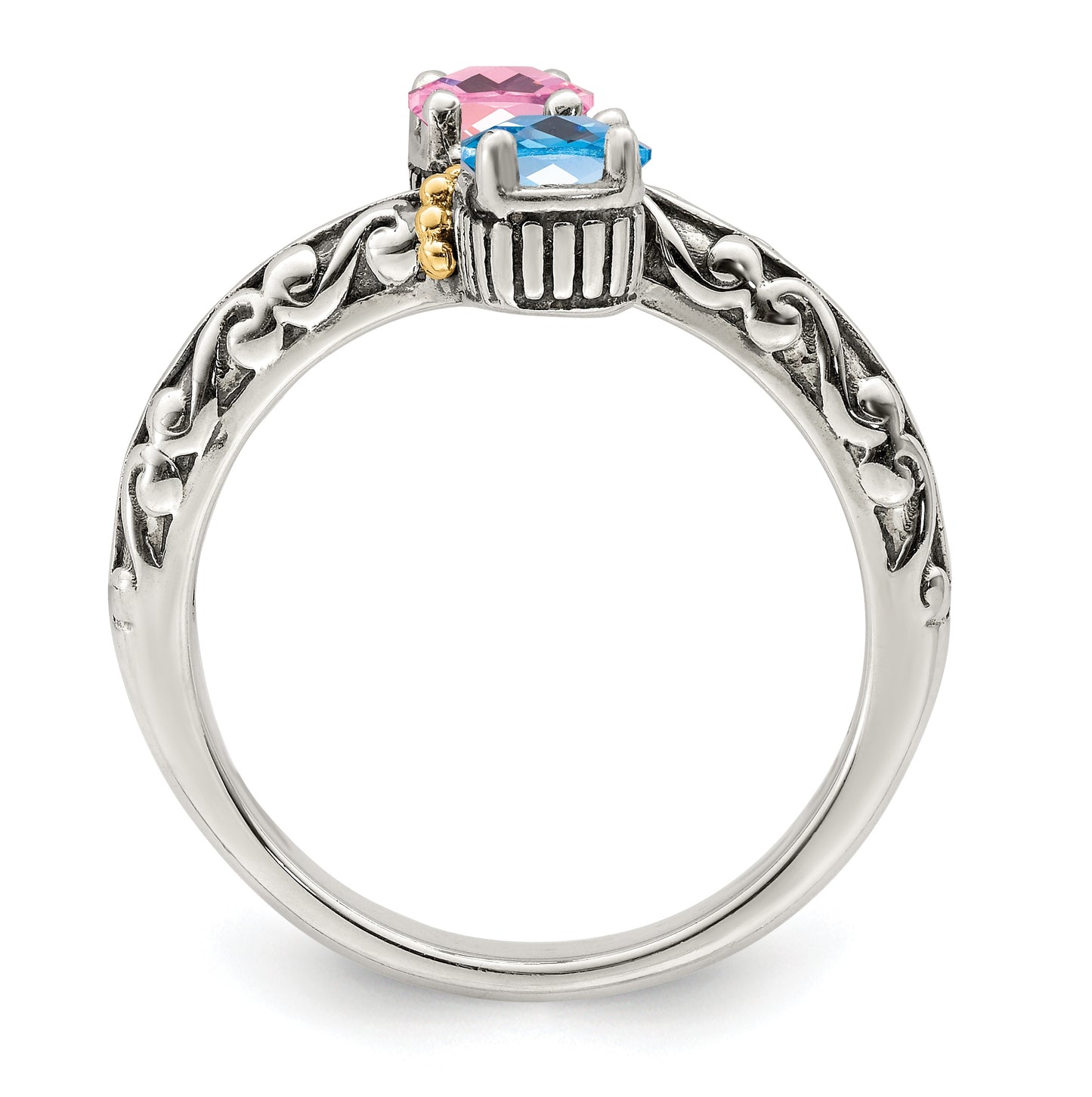 Sterling Silver Antiqued with 14k 2-stone Mothers Ring, Size 8