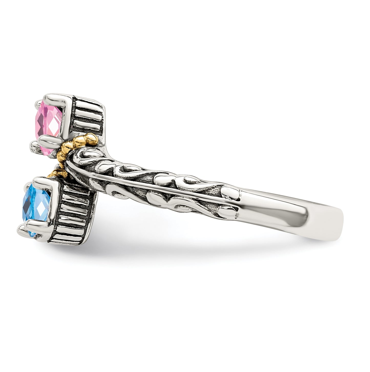 Sterling Silver Antiqued with 14k 2-stone Mothers Ring, Size 8