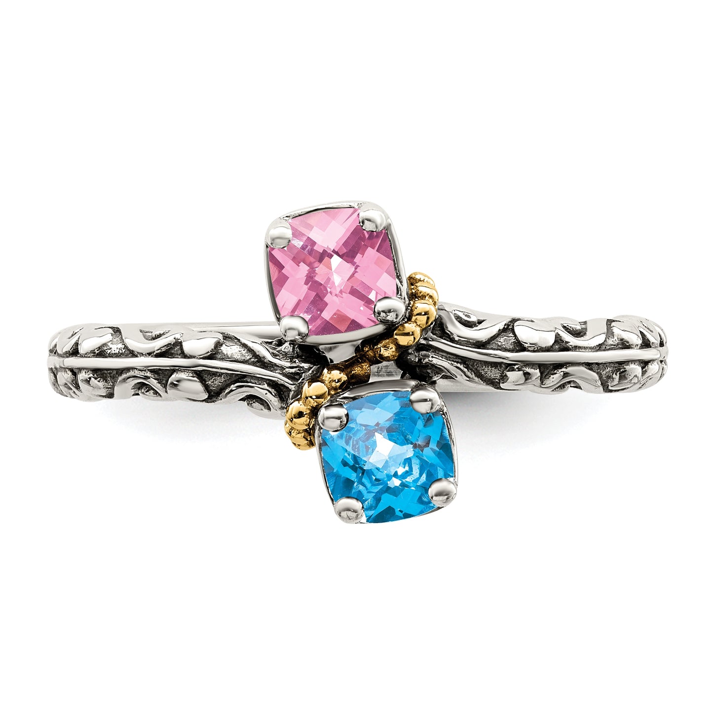 Sterling Silver Antiqued with 14k 2-stone Mothers Ring, Size 7
