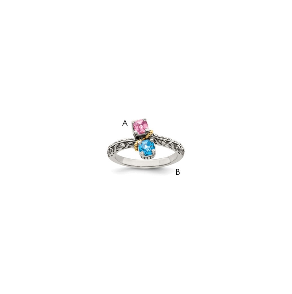 Sterling Silver Antiqued with 14k 2-stone Mothers Ring, Size 10