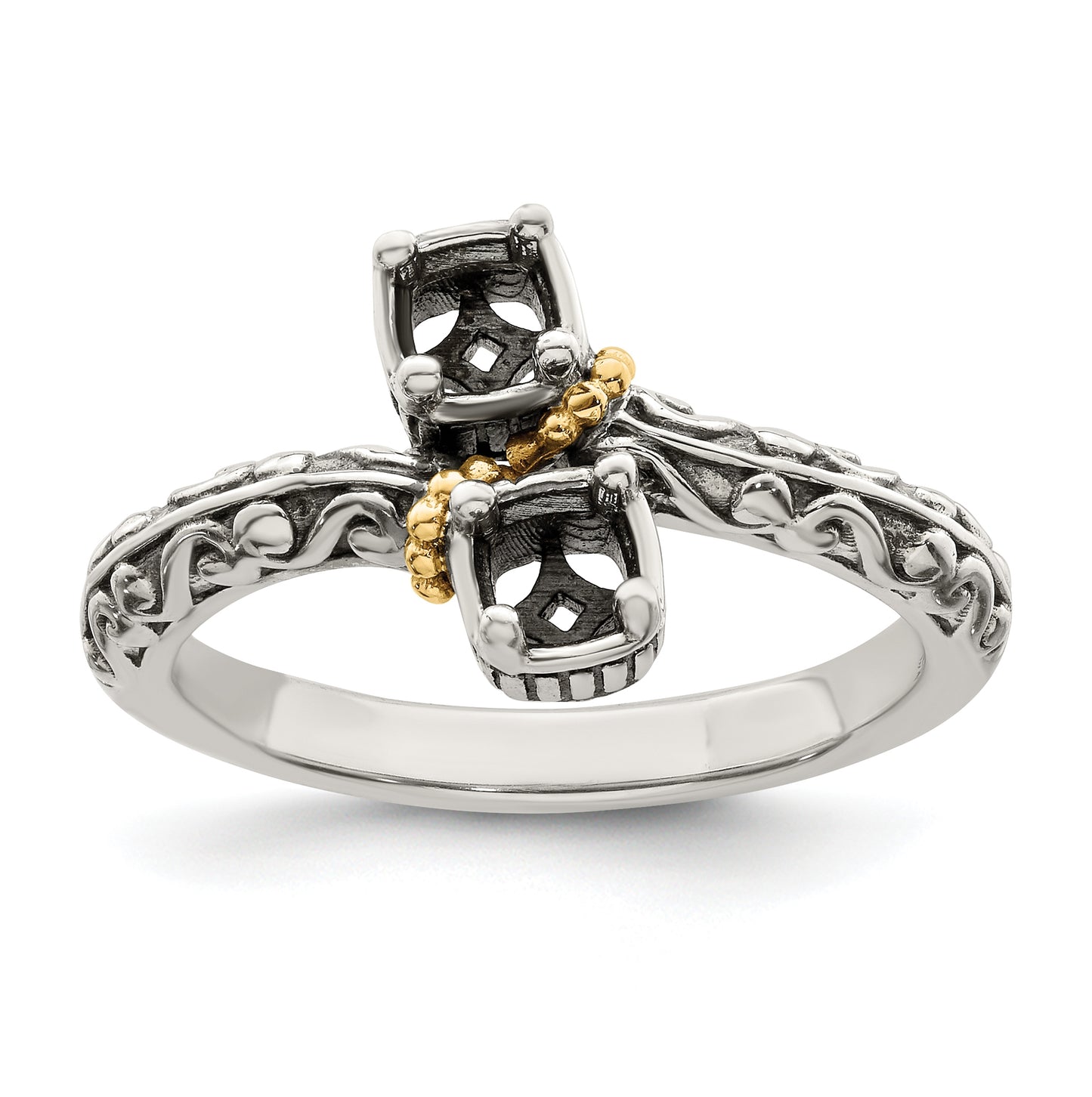 Sterling Silver Antiqued with 14k 2-stone Mothers Ring, Size 6