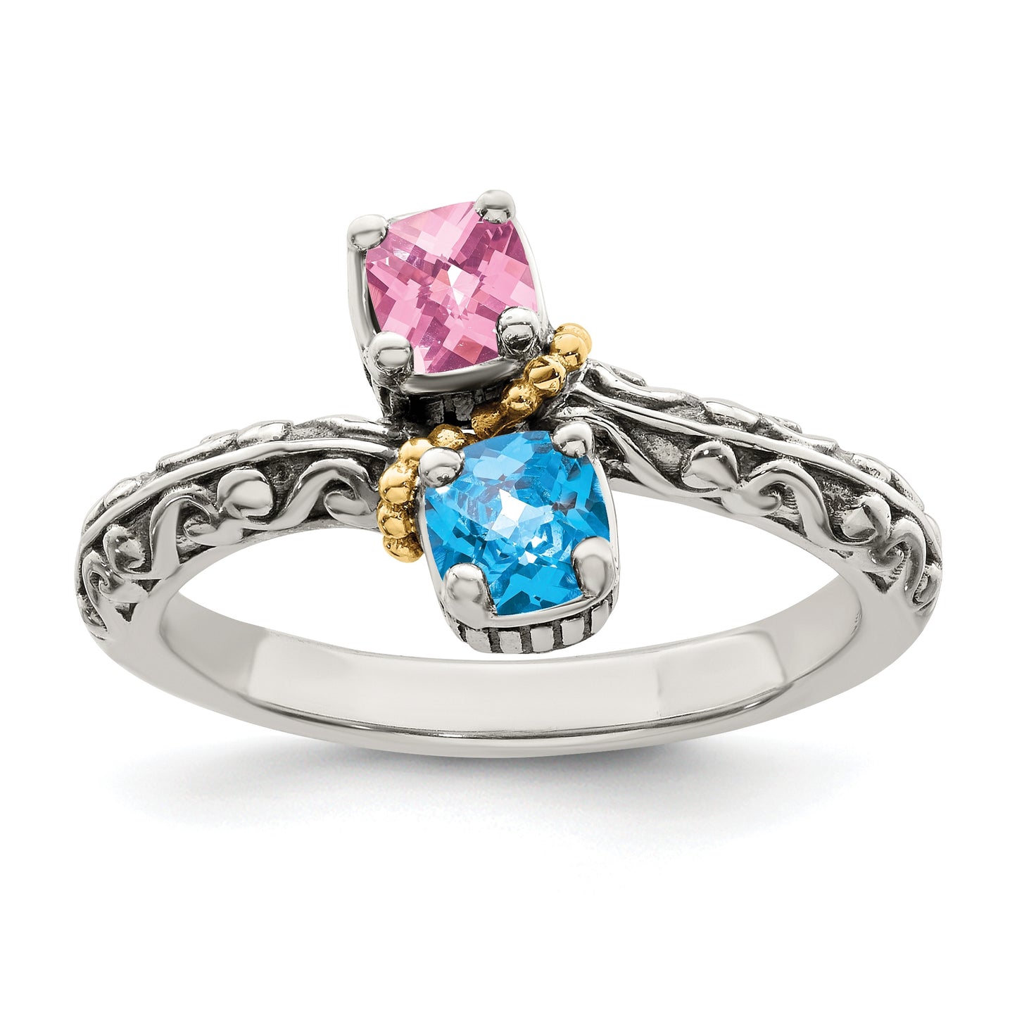 Sterling Silver Antiqued with 14k 2-stone Mothers Ring, Size 8