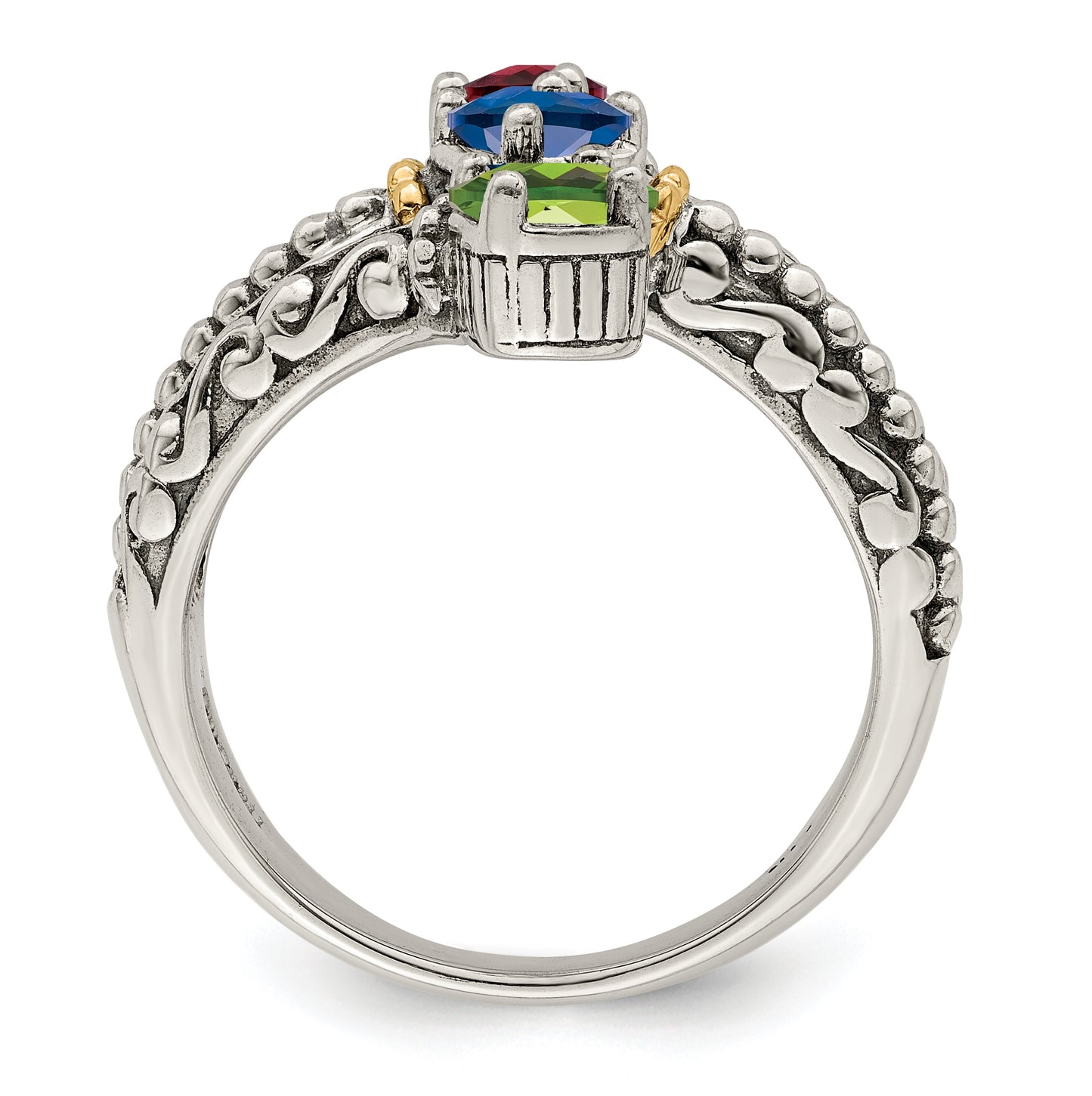 Sterling Silver Antiqued with 14k 3-stone Mothers Ring, Size 7