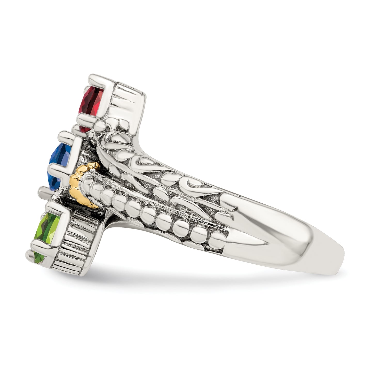 Sterling Silver Antiqued with 14k 3-stone Mothers Ring, Size 9
