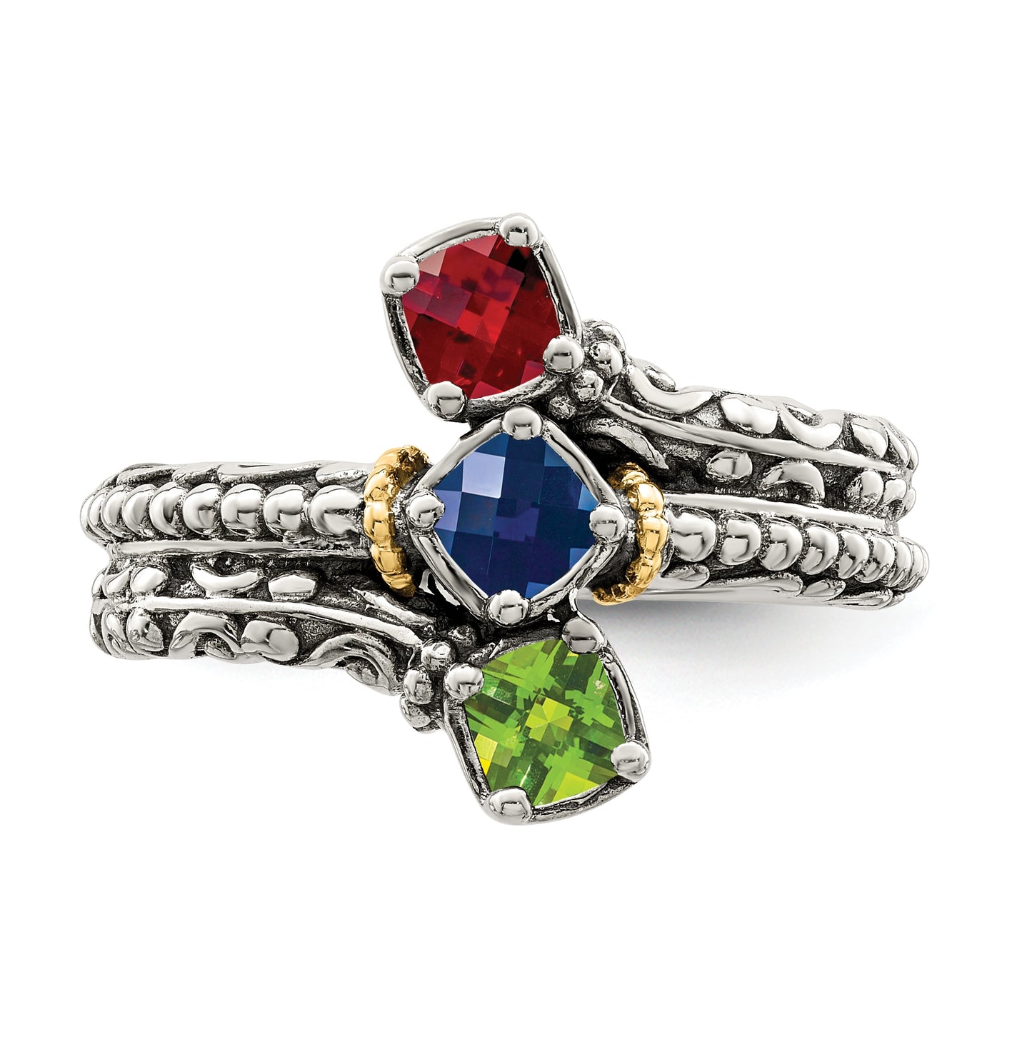 Sterling Silver Antiqued with 14k 3-stone Mothers Ring, Size 6