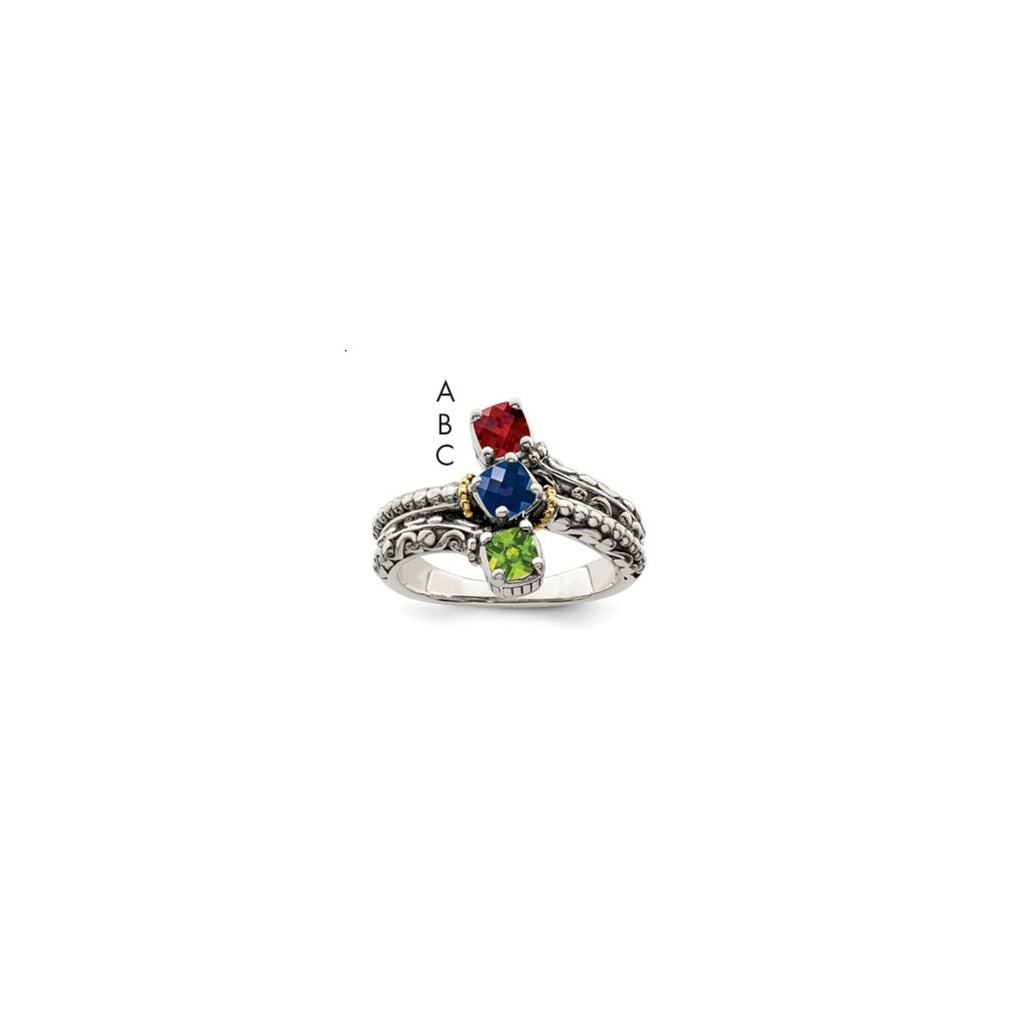 Sterling Silver Antiqued with 14k 3-stone Mothers Ring, Size 8