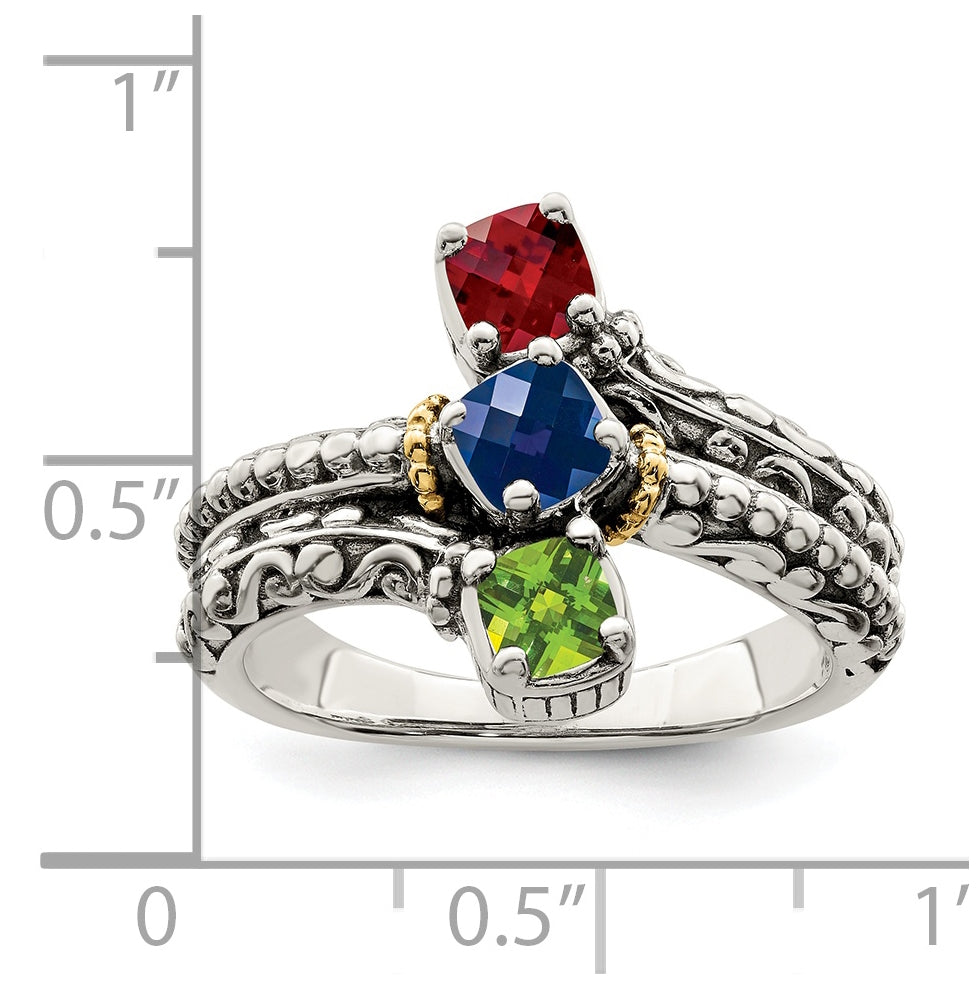 Sterling Silver Antiqued with 14k 3-stone Mothers Ring, Size 10