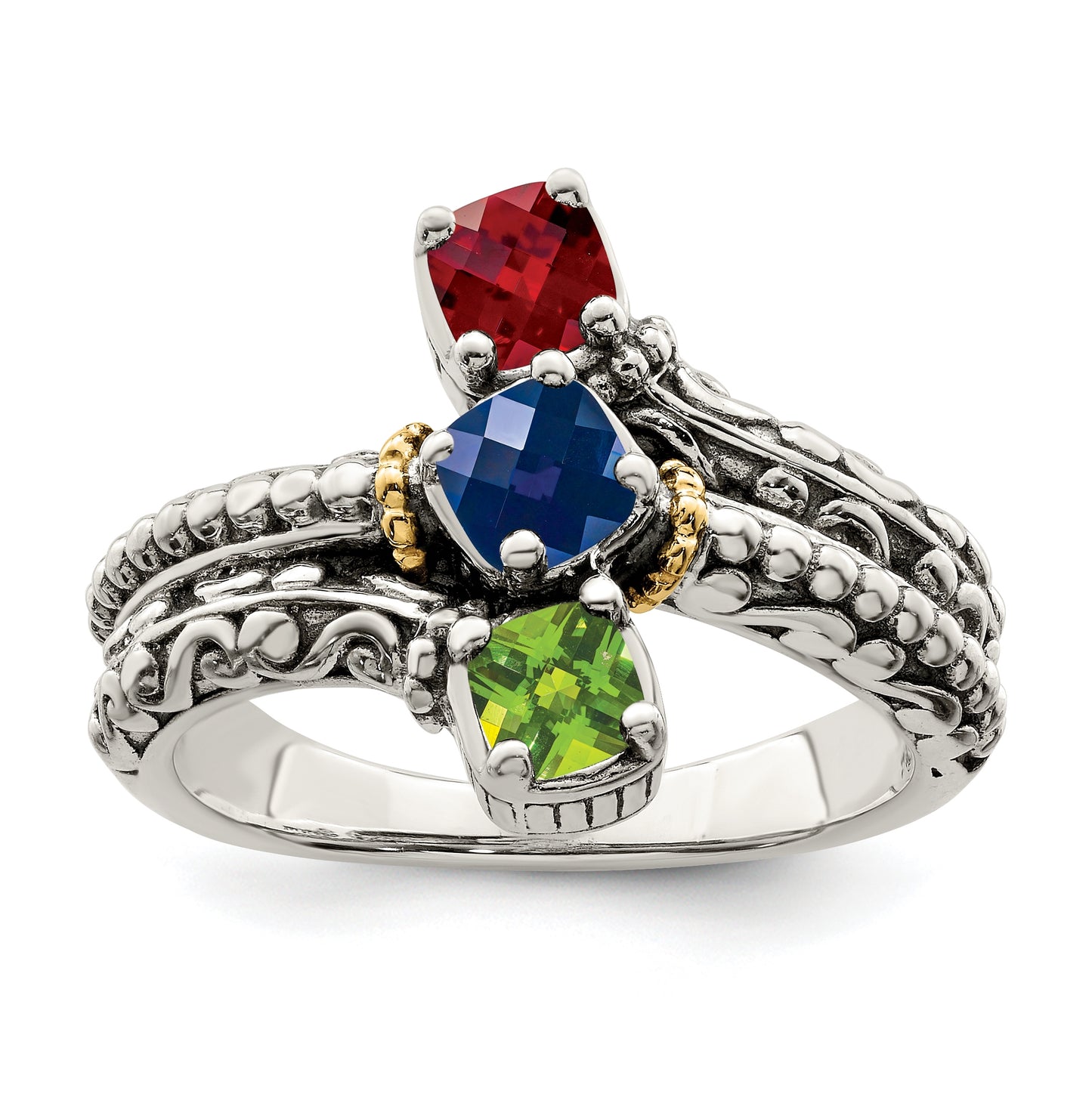 Sterling Silver Antiqued with 14k 3-stone Mothers Ring, Size 9