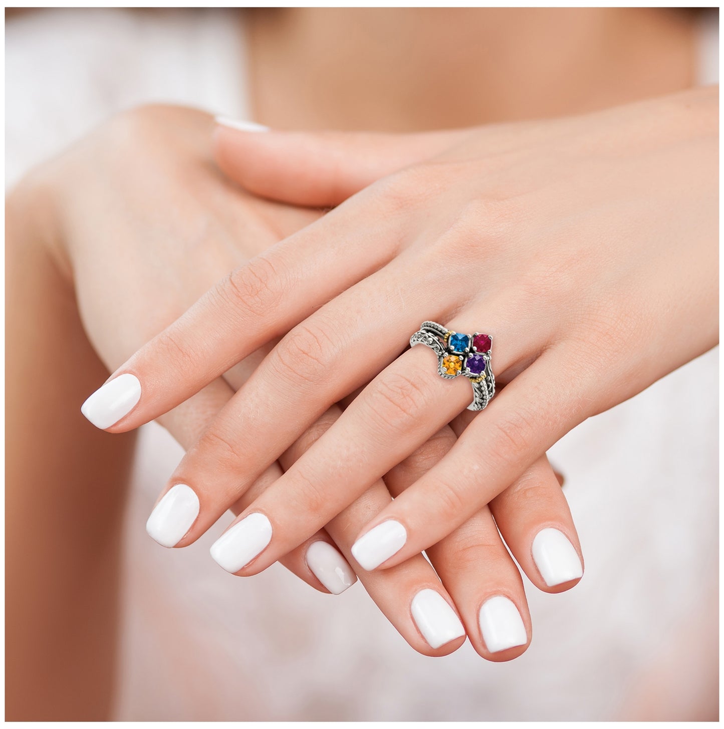 Sterling Silver Antiqued with 14k 4-stone Mothers Ring, Size 9