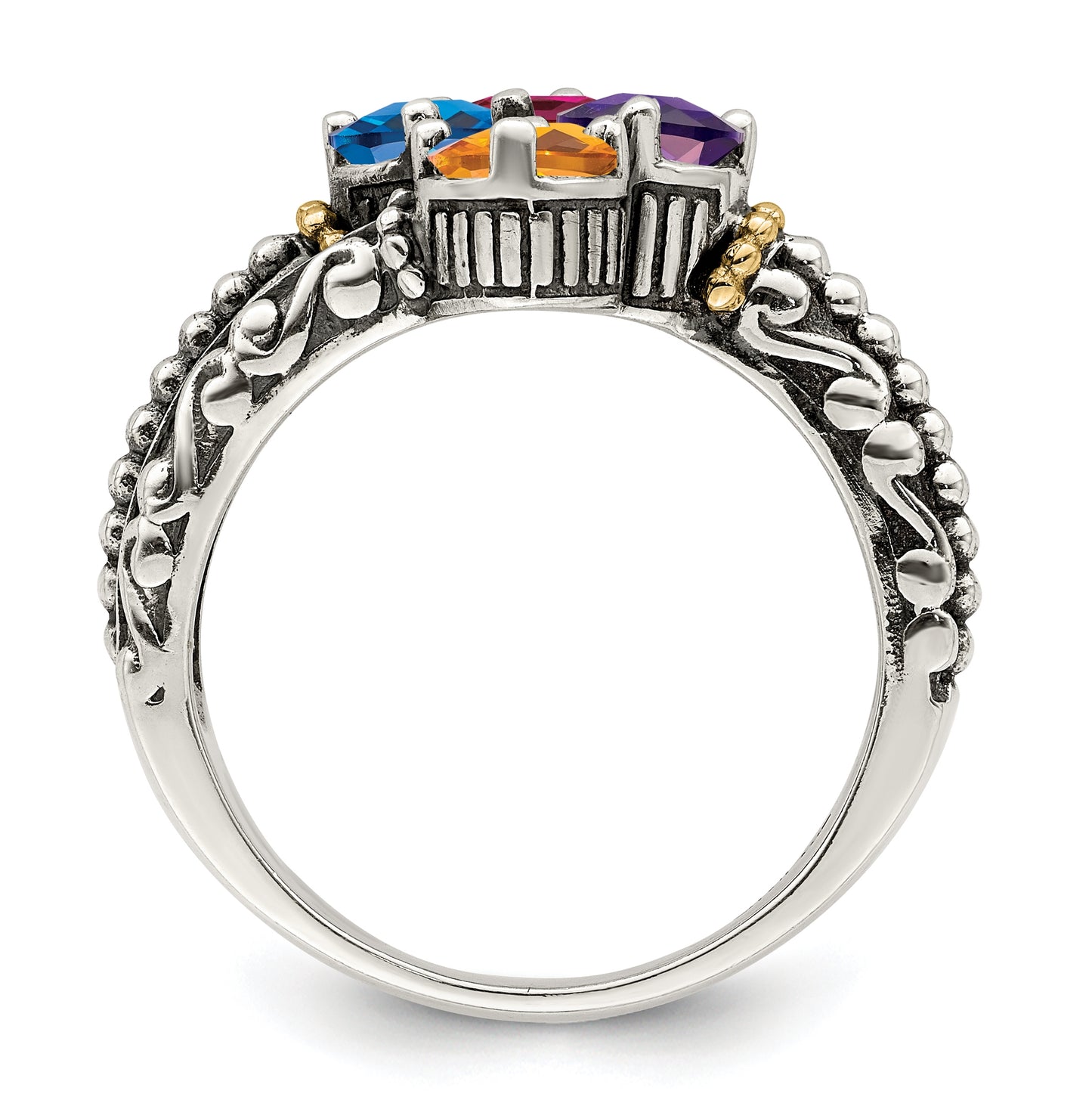 Sterling Silver Antiqued with 14k 4-stone Mothers Ring, Size 6