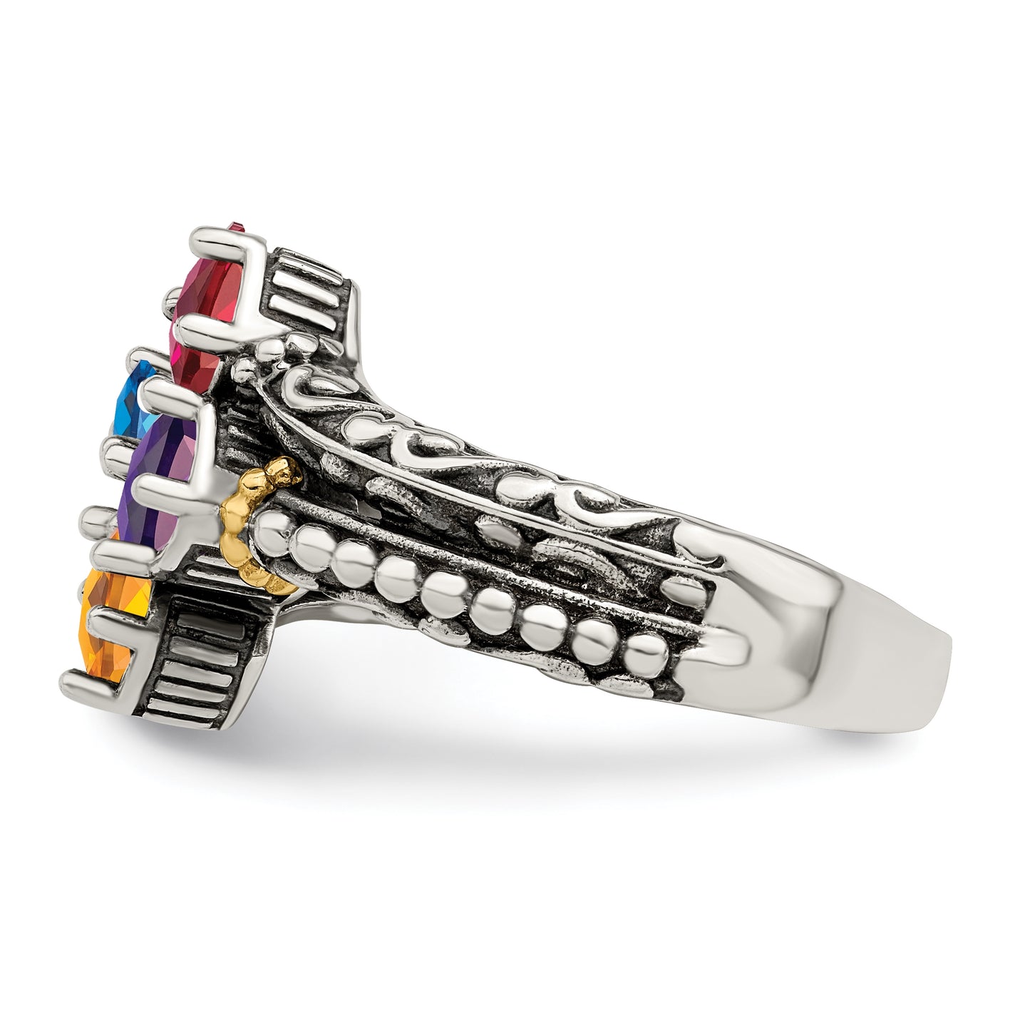 Sterling Silver Antiqued with 14k 4-stone Mothers Ring, Size 5