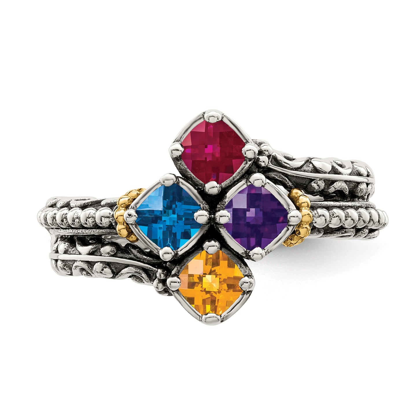 Sterling Silver Antiqued with 14k 4-stone Mothers Ring, Size 9