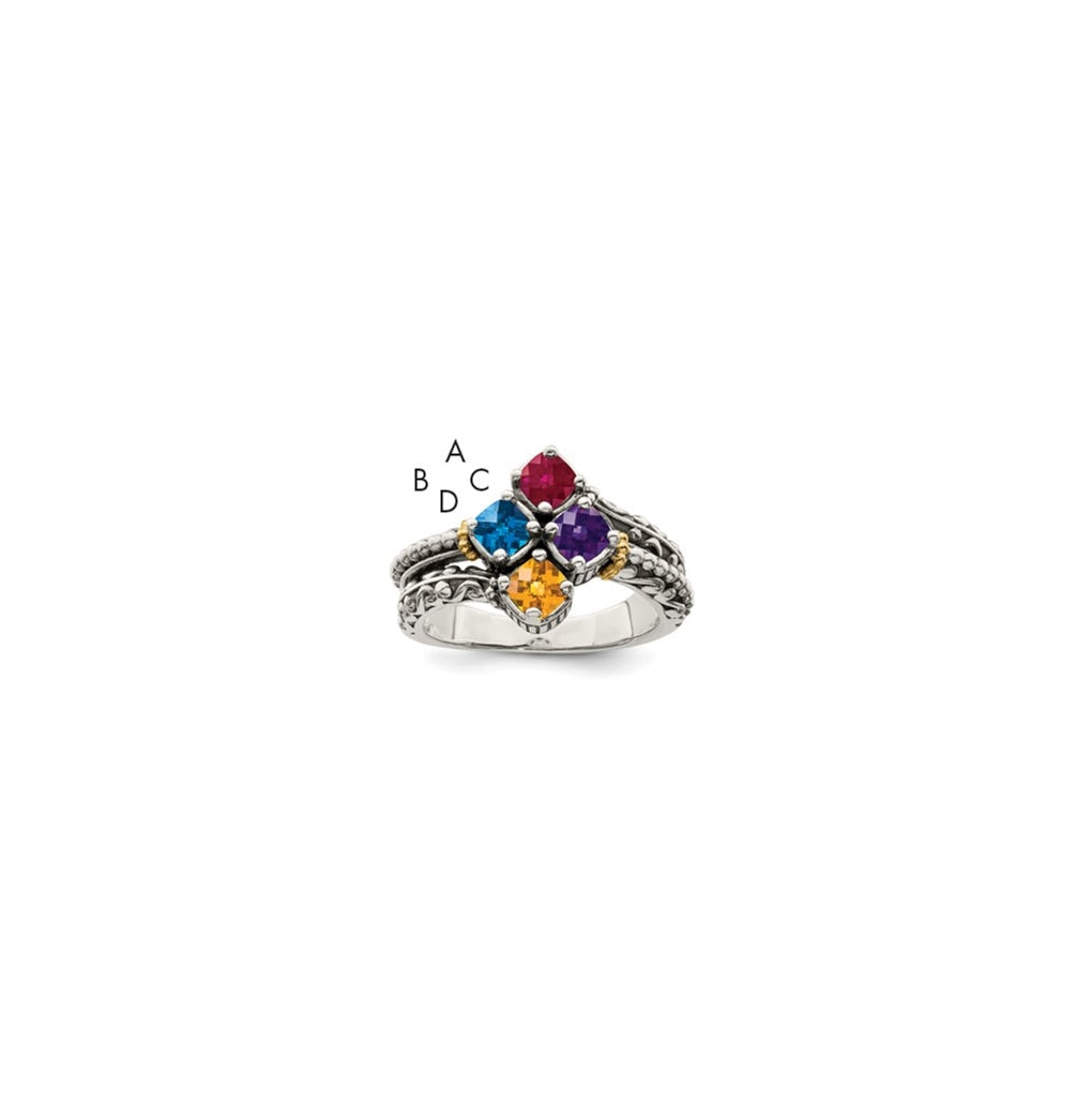Sterling Silver Antiqued with 14k 4-stone Mothers Ring, Size 10