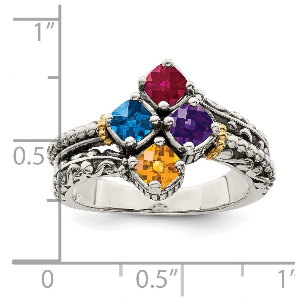 Sterling Silver Antiqued with 14k 4-stone Mothers Ring, Size 8