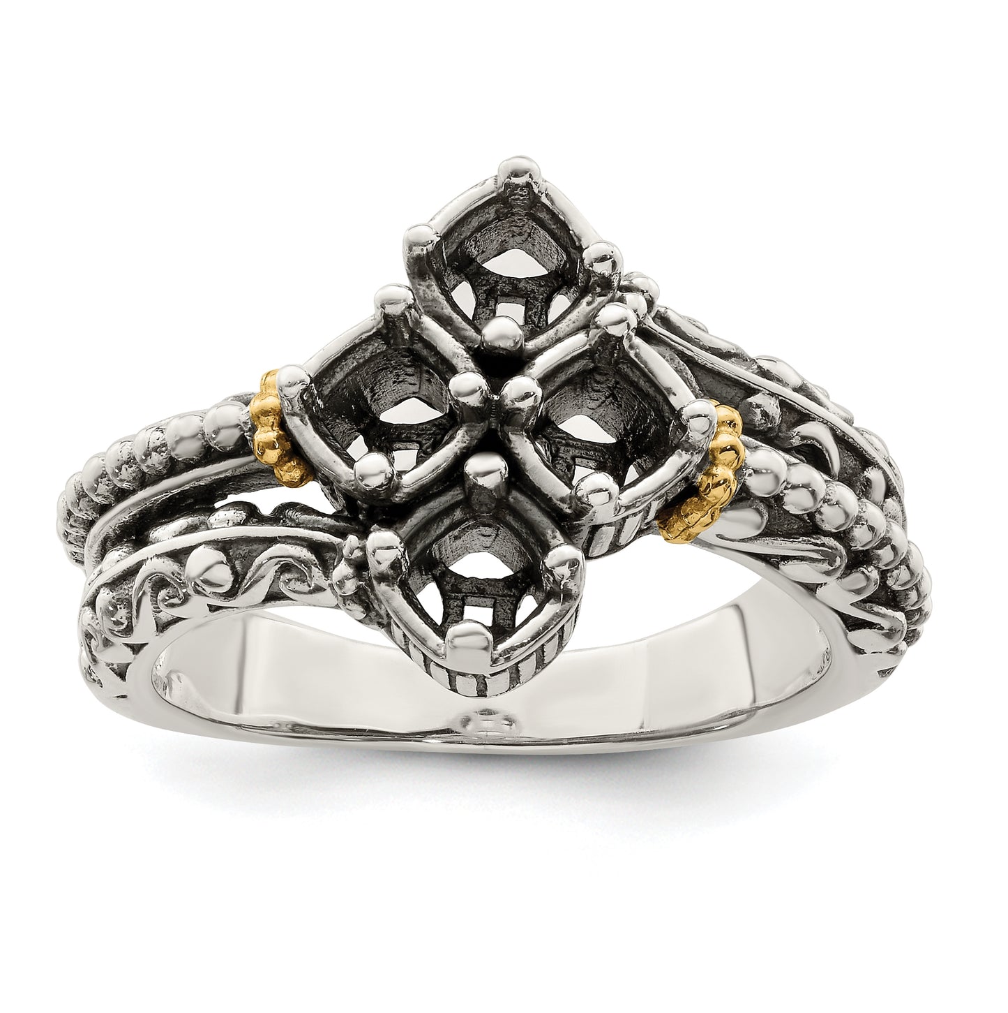 Sterling Silver Antiqued with 14k 4-stone Mothers Ring, Size 5