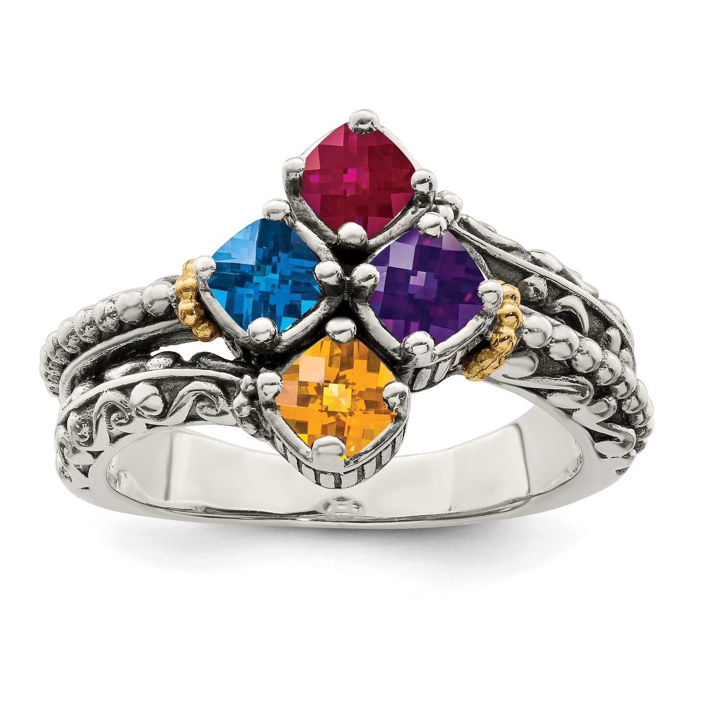Sterling Silver Antiqued with 14k 4-stone Mothers Ring, Size 9