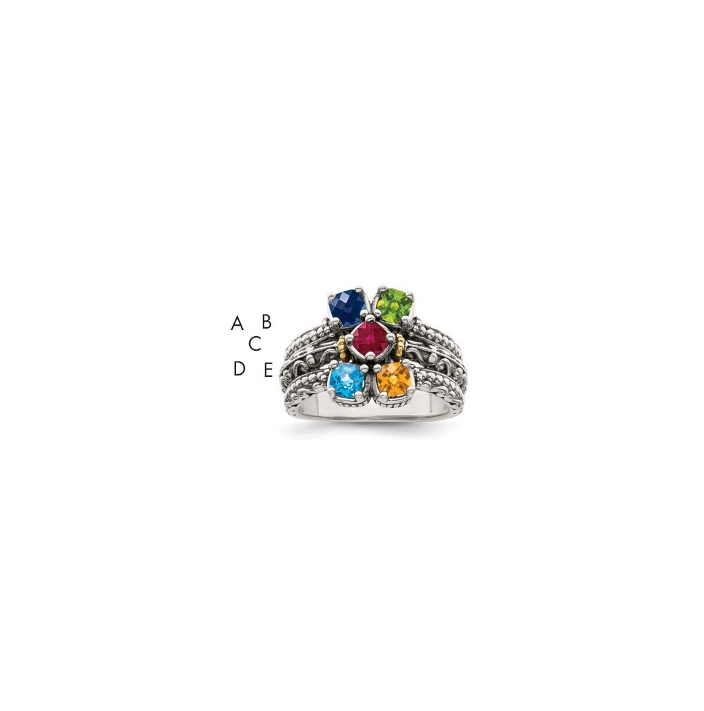 Sterling Silver Antiqued w/ 14k 5-stone Mother's Ring, Size 5