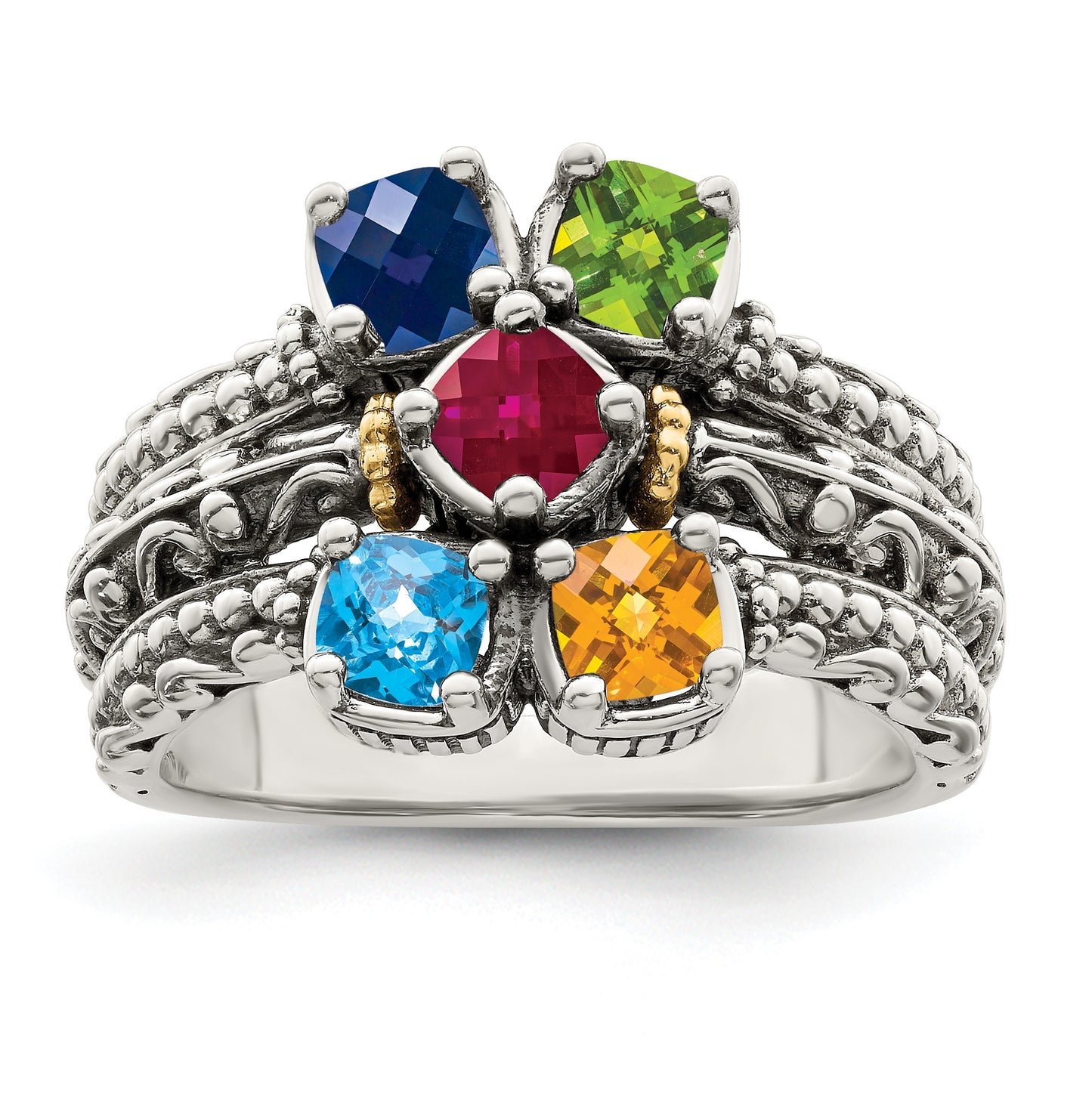 Sterling Silver Antiqued w/ 14k 5-stone Mother's Ring, Size 8