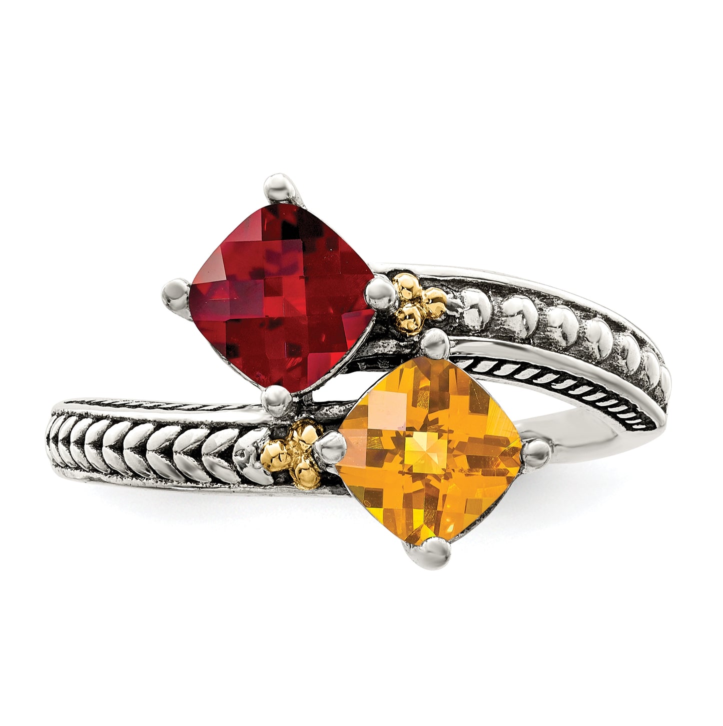 Sterling Silver Antiqued w/ 14k 2-stone Mother's Ring, Size 7