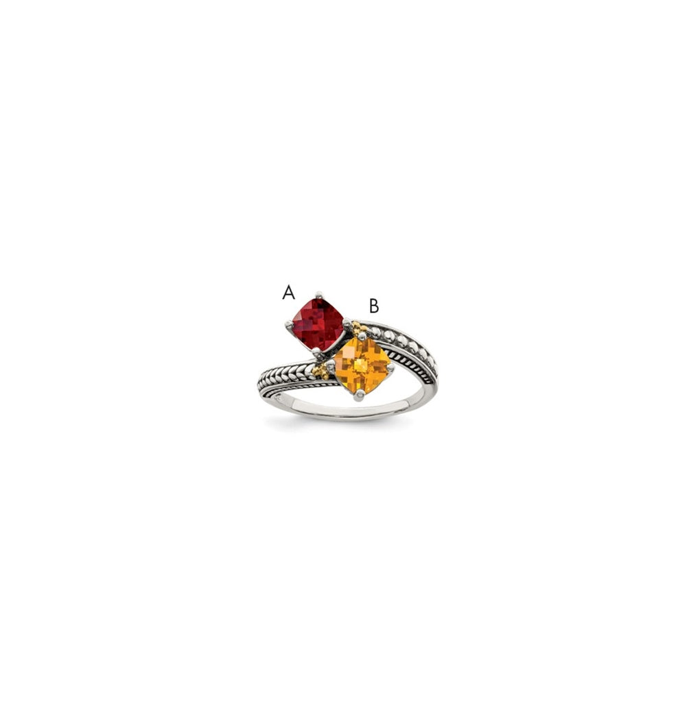 Sterling Silver Antiqued w/ 14k 2-stone Mother's Ring, Size 10