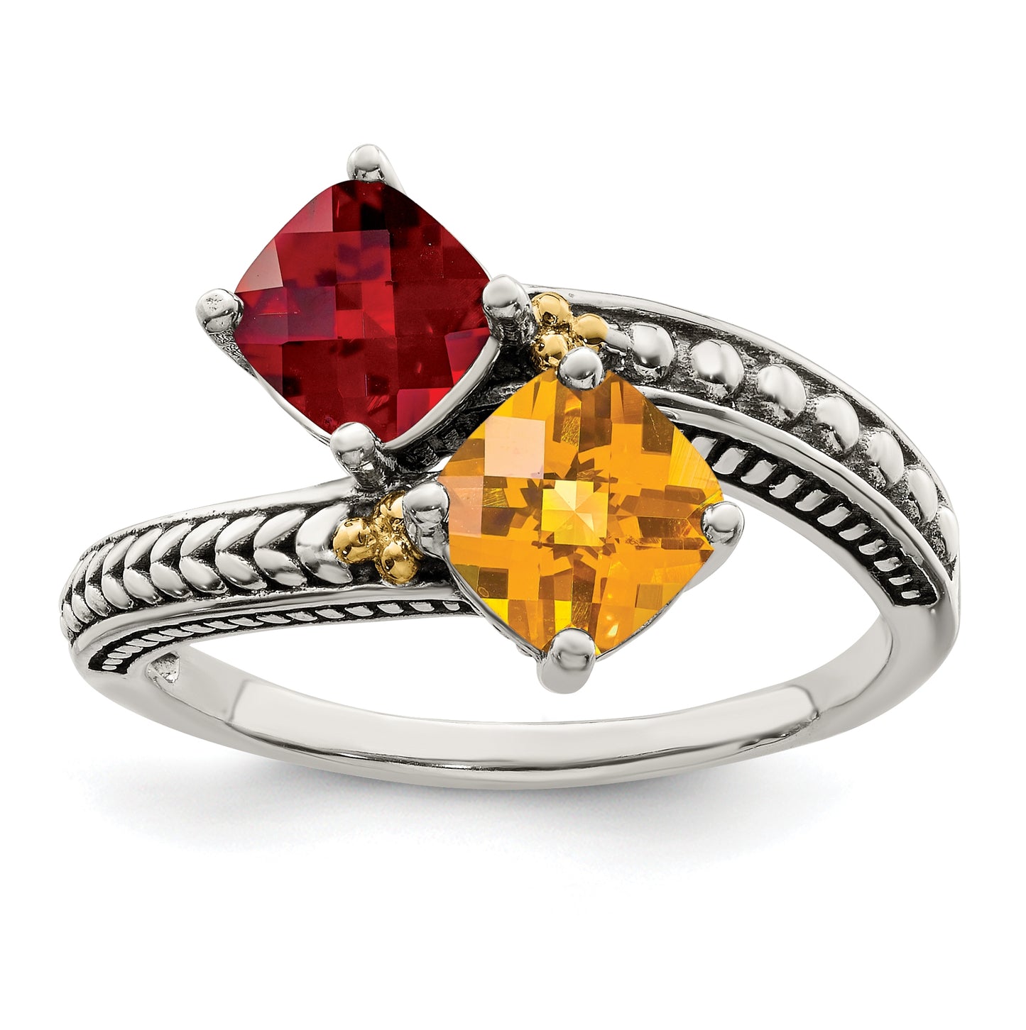 Sterling Silver Antiqued w/ 14k 2-stone Mother's Ring, Size 8
