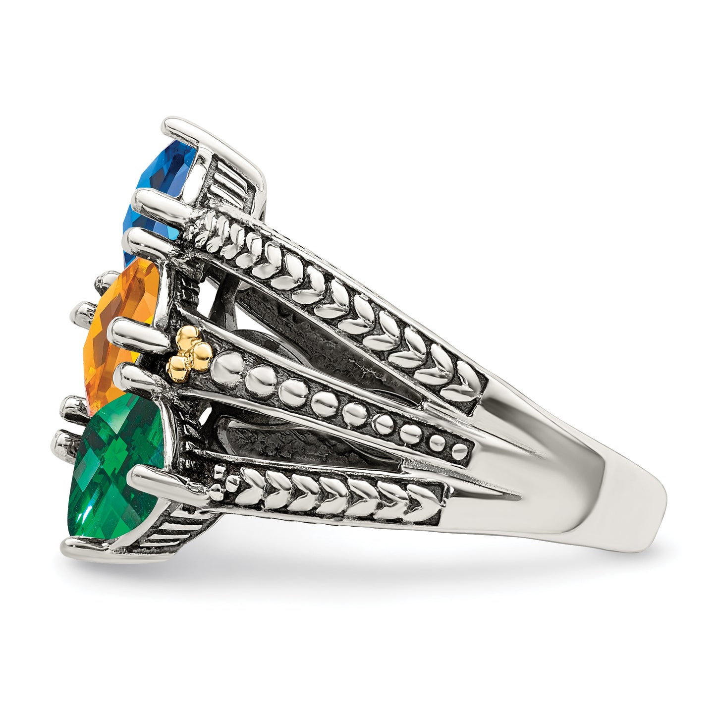 Sterling Silver Antiqued w/ 14k 3-stone Mother's Ring, Size 9