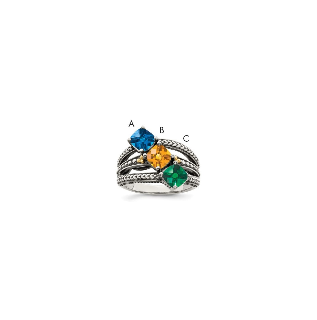 Sterling Silver Antiqued w/ 14k 3-stone Mother's Ring, Size 9