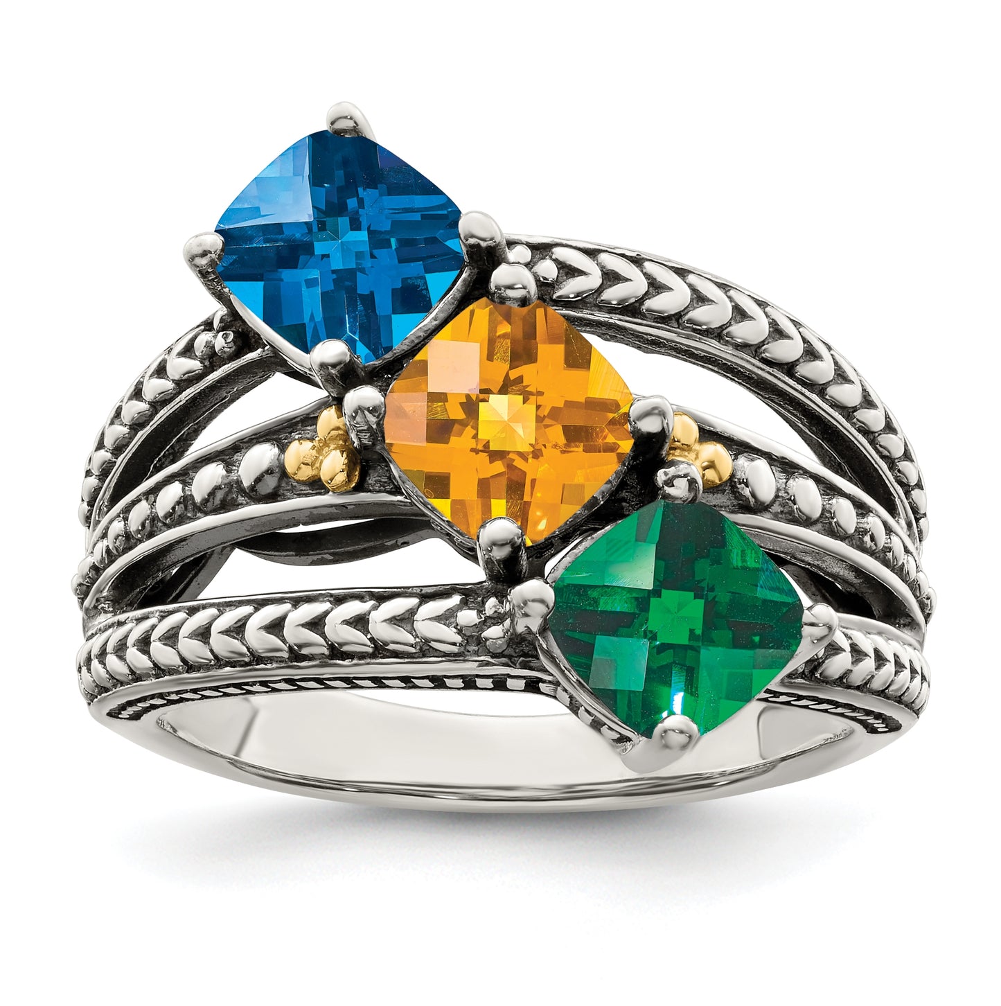 Sterling Silver Antiqued w/ 14k 3-stone Mother's Ring, Size 7