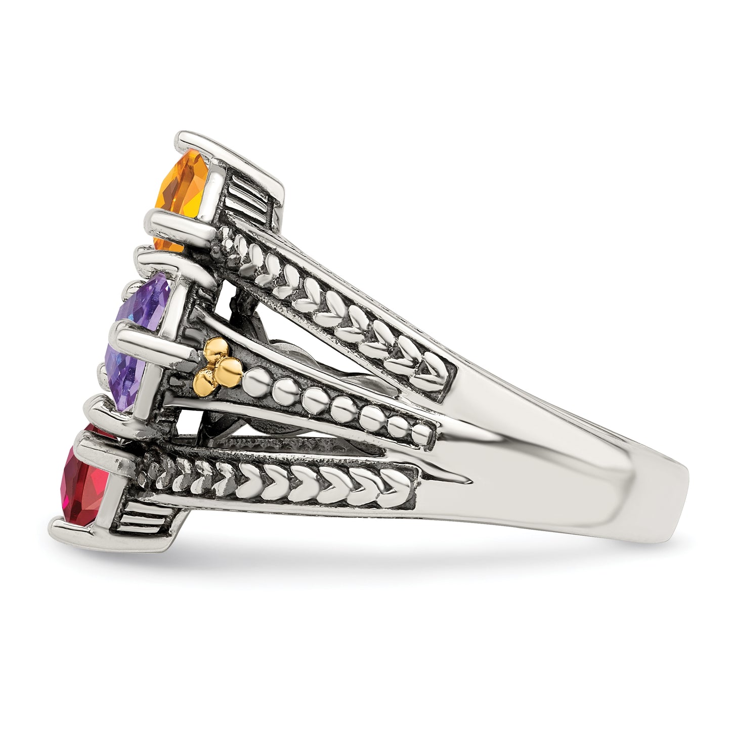 Sterling Silver Antiqued w/ 14k 4-stone Mother's Ring, Size 10