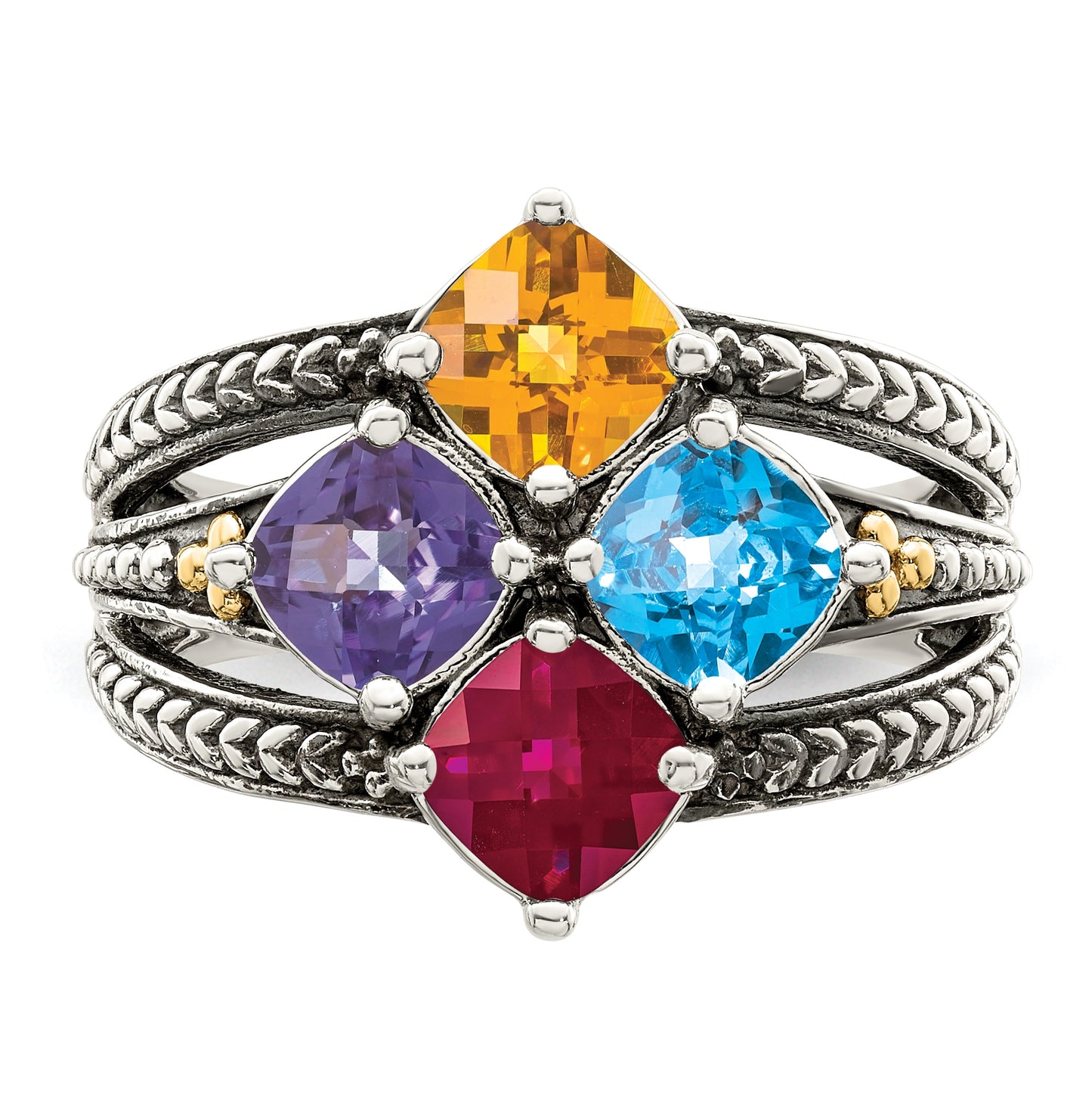 Sterling Silver Antiqued w/ 14k 4-stone Mother's Ring, Size 10