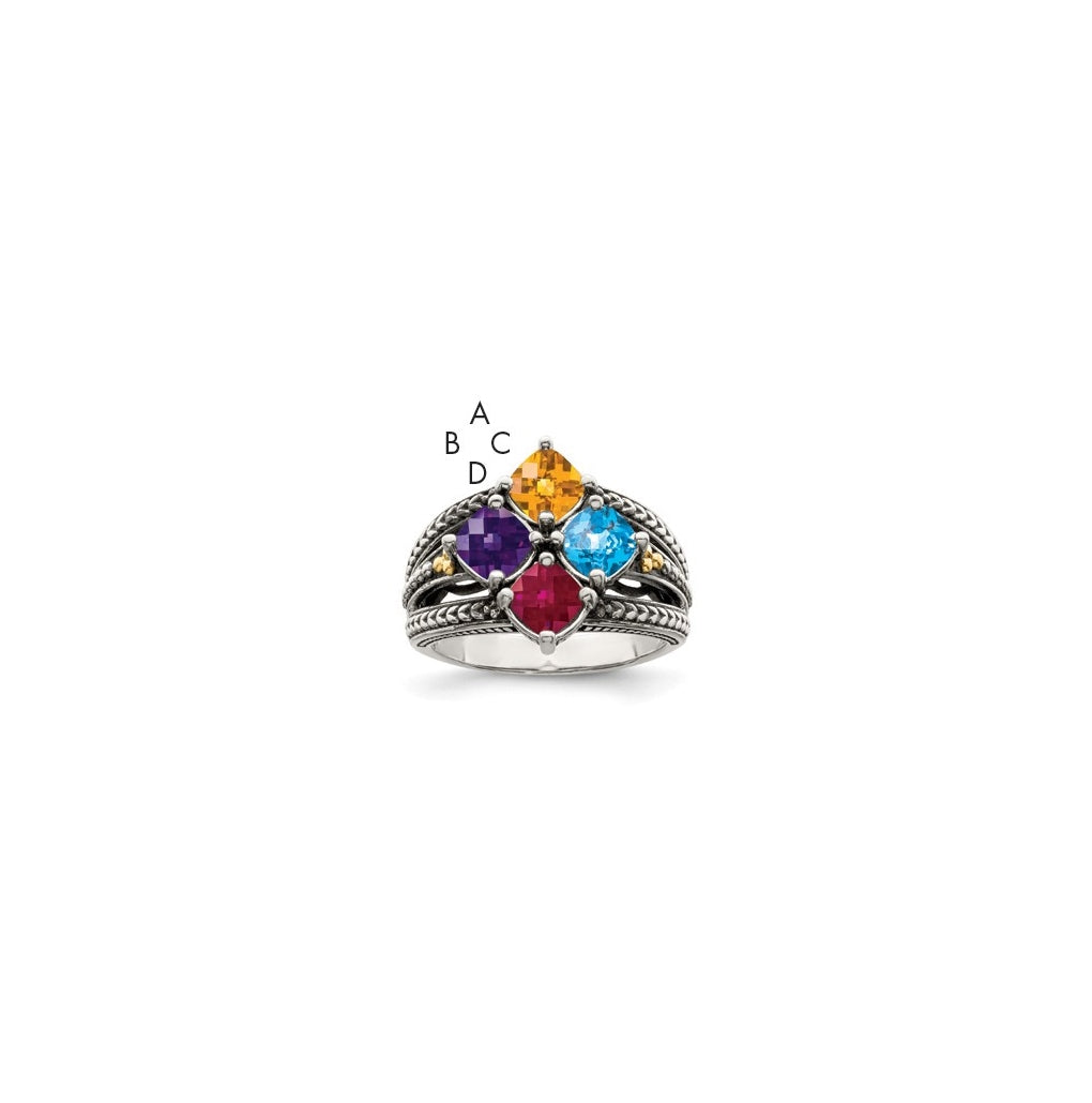 Sterling Silver Antiqued w/ 14k 4-stone Mother's Ring, Size 8