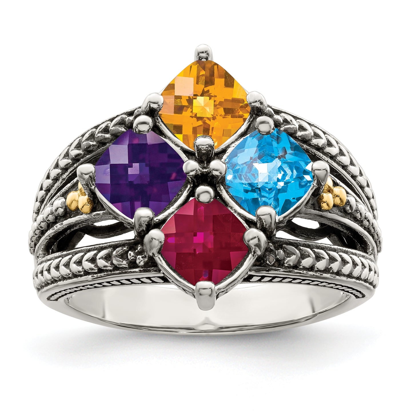 Sterling Silver Antiqued w/ 14k 4-stone Mother's Ring, Size 10