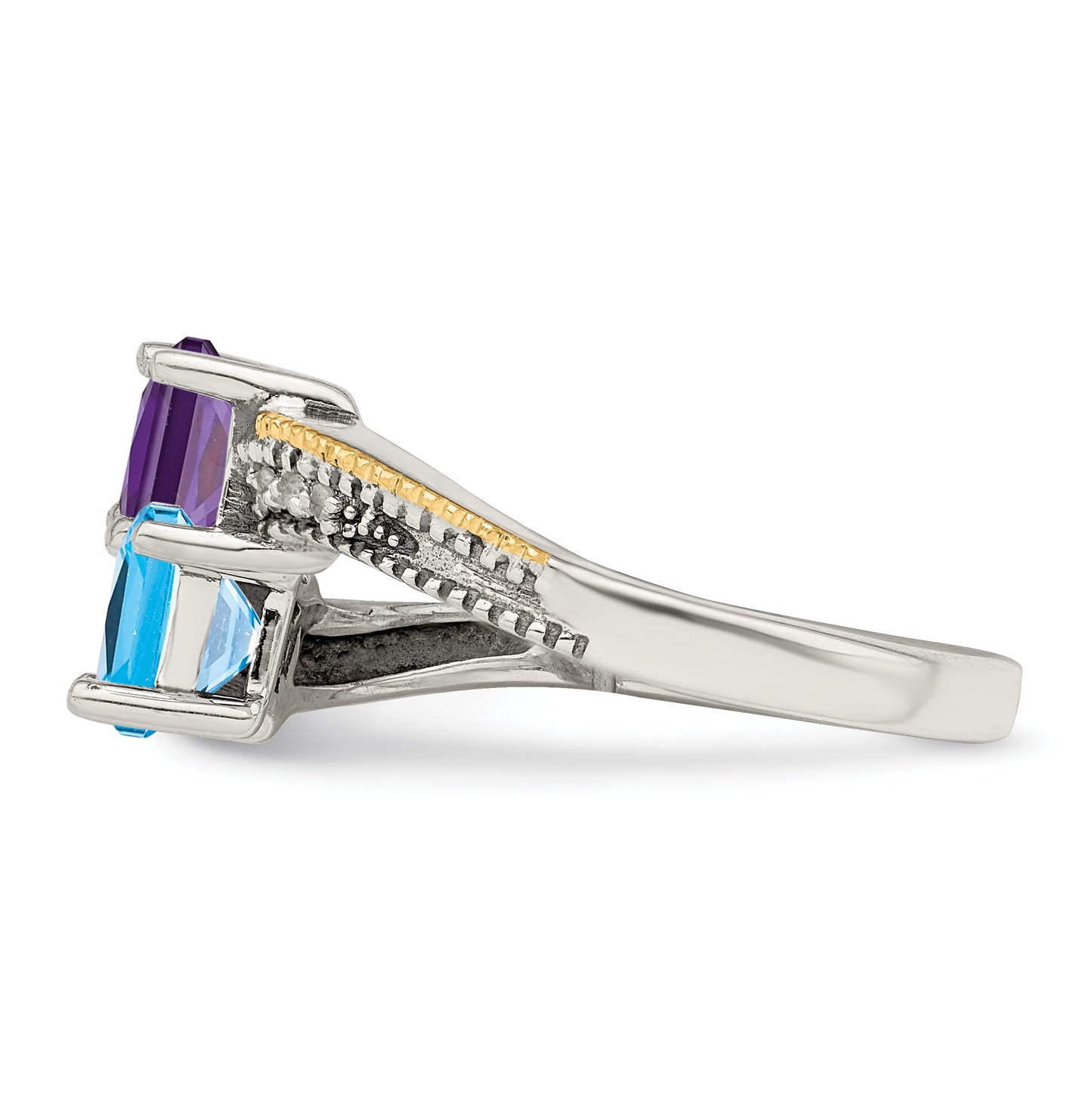 Sterling Silver Antiqued w/14k 2-stone w/Diamond Mother's Semi-Mount Ring, Size 7