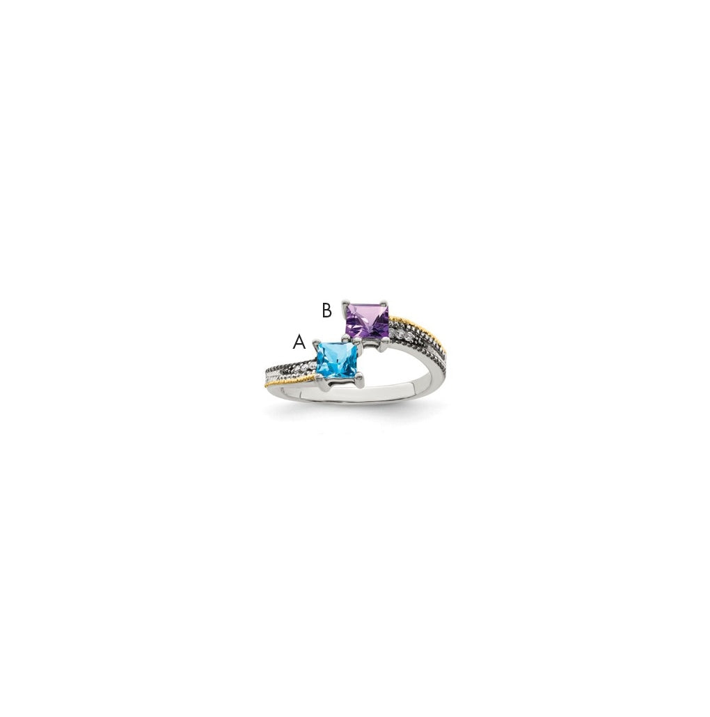 Sterling Silver Antiqued w/14k 2-stone w/Diamond Mother's Semi-Mount Ring, Size 10