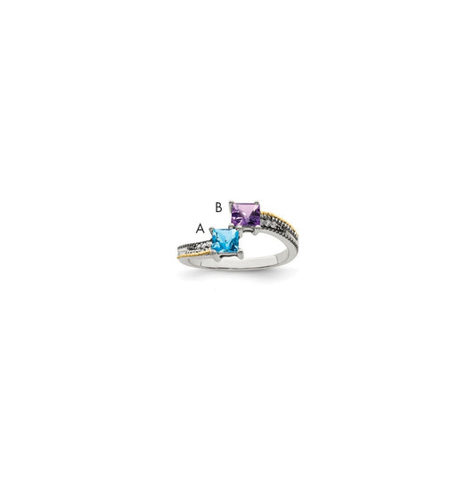 Sterling Silver Antiqued w/14k 2-stone w/Diamond Mother's Semi-Mount Ring, Size 8