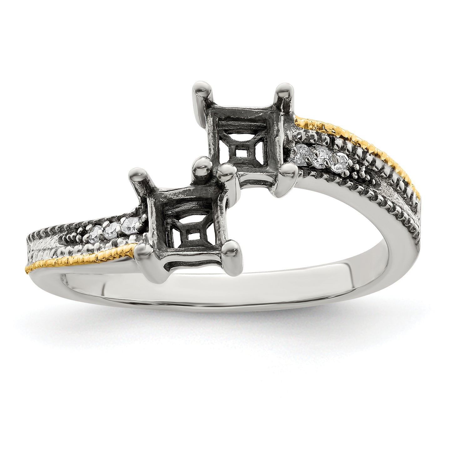 Sterling Silver Antiqued w/14k 2-stone w/Diamond Mother's Semi-Mount Ring, Size 7