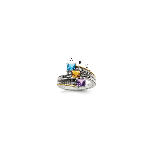 Sterling Silver Antiqued w/ 14k 3-stone w/ Diamond Mother's Semi-Mount Ring, Size 7