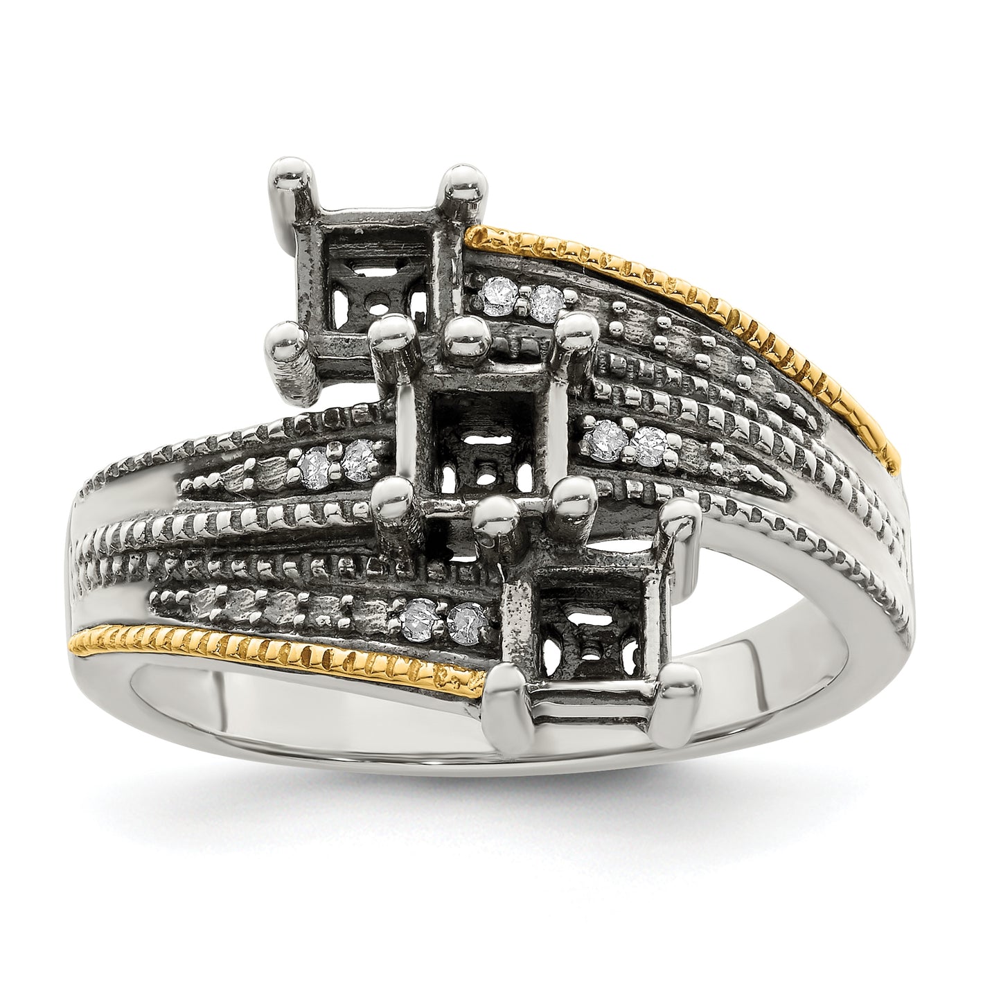 Sterling Silver Antiqued w/ 14k 3-stone w/ Diamond Mother's Semi-Mount Ring, Size 8