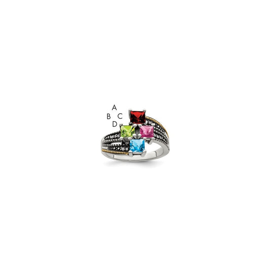 Sterling Silver Antiqued w/ 14k 4-stone w/ Diamond Mother's Semi-Mount Ring, Size 10