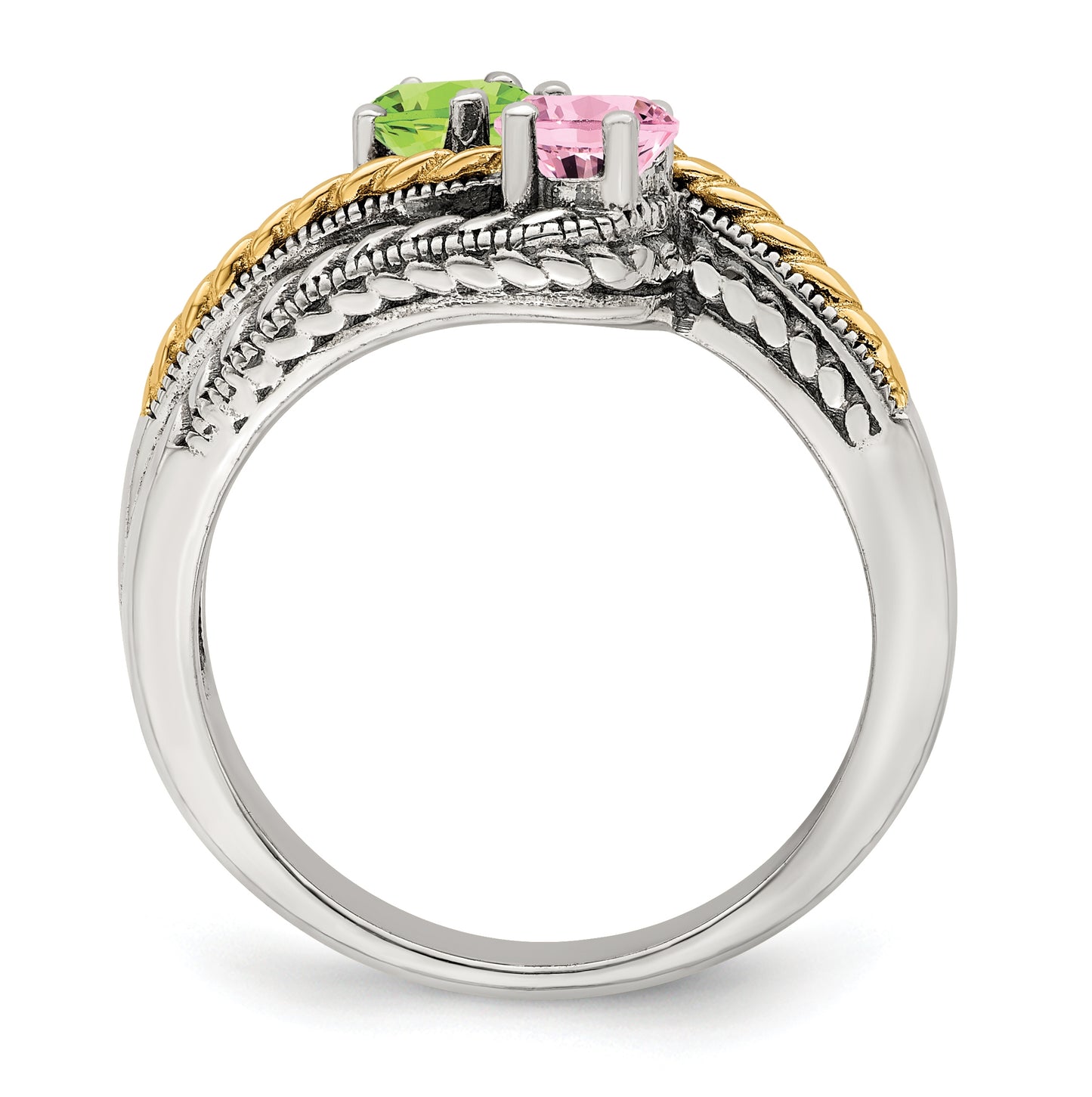 Sterling Silver Antiqued with 14k 2stone Mothers Ring, Size 9