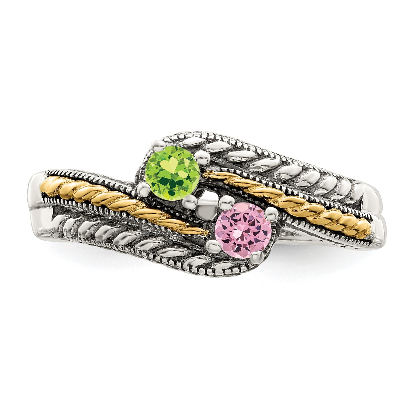 Sterling Silver Antiqued with 14k 2stone Mothers Ring, Size 9