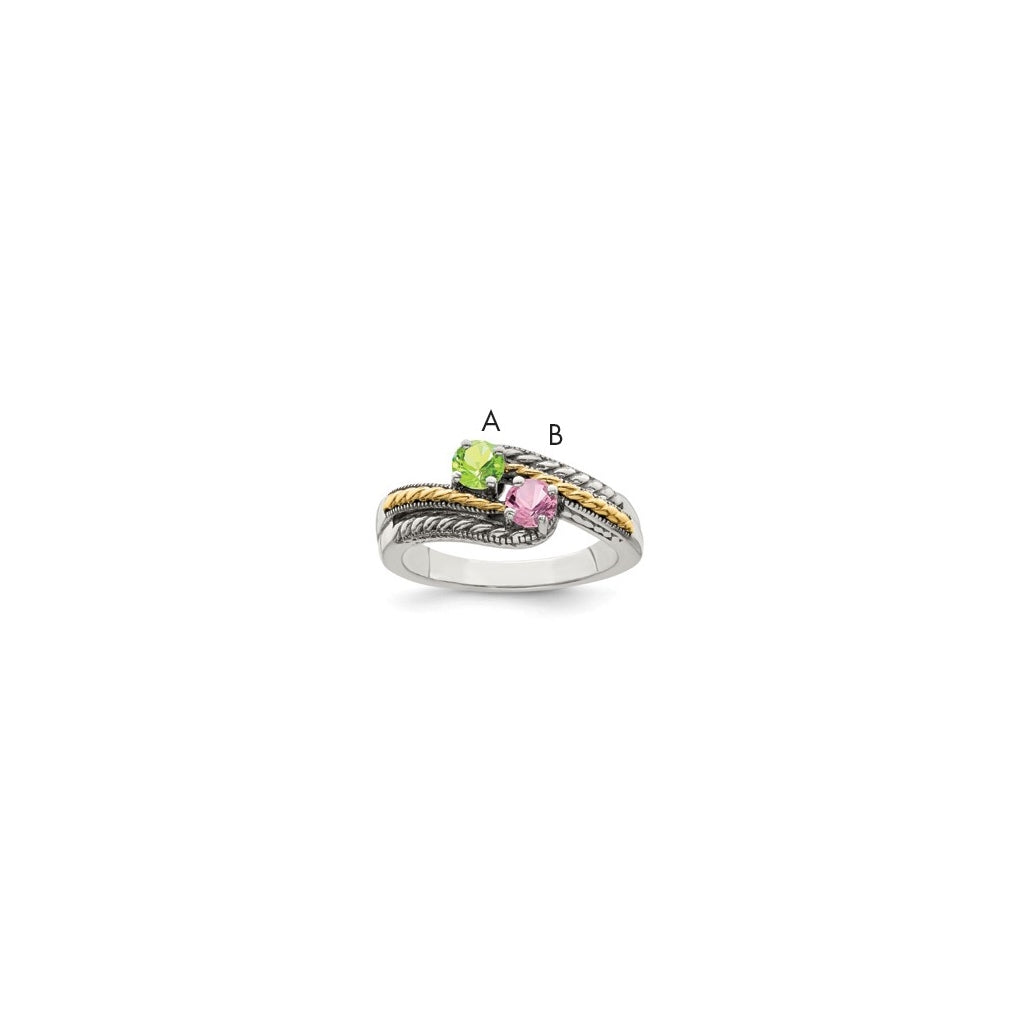 Sterling Silver Antiqued with 14k 2stone Mothers Ring, Size 7