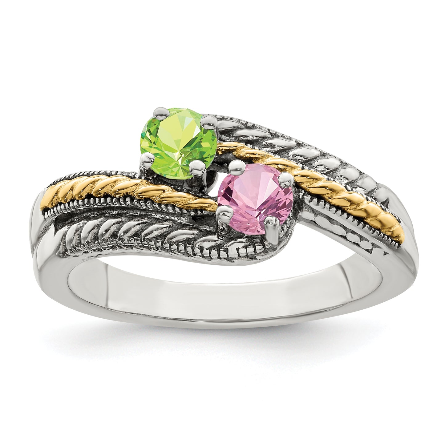 Sterling Silver Antiqued with 14k 2stone Mothers Ring, Size 5