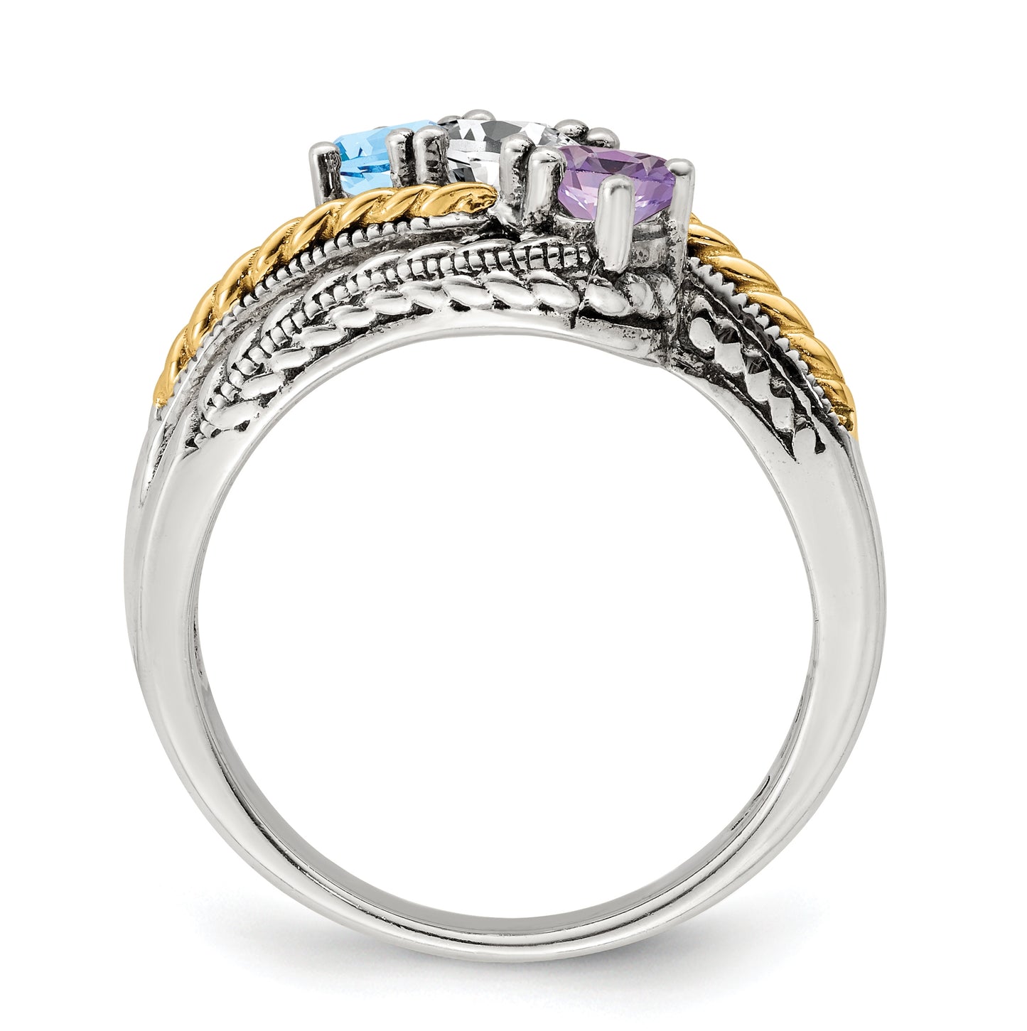 Sterling Silver Antiqued with 14k 3stone Mothers Ring, Size 9