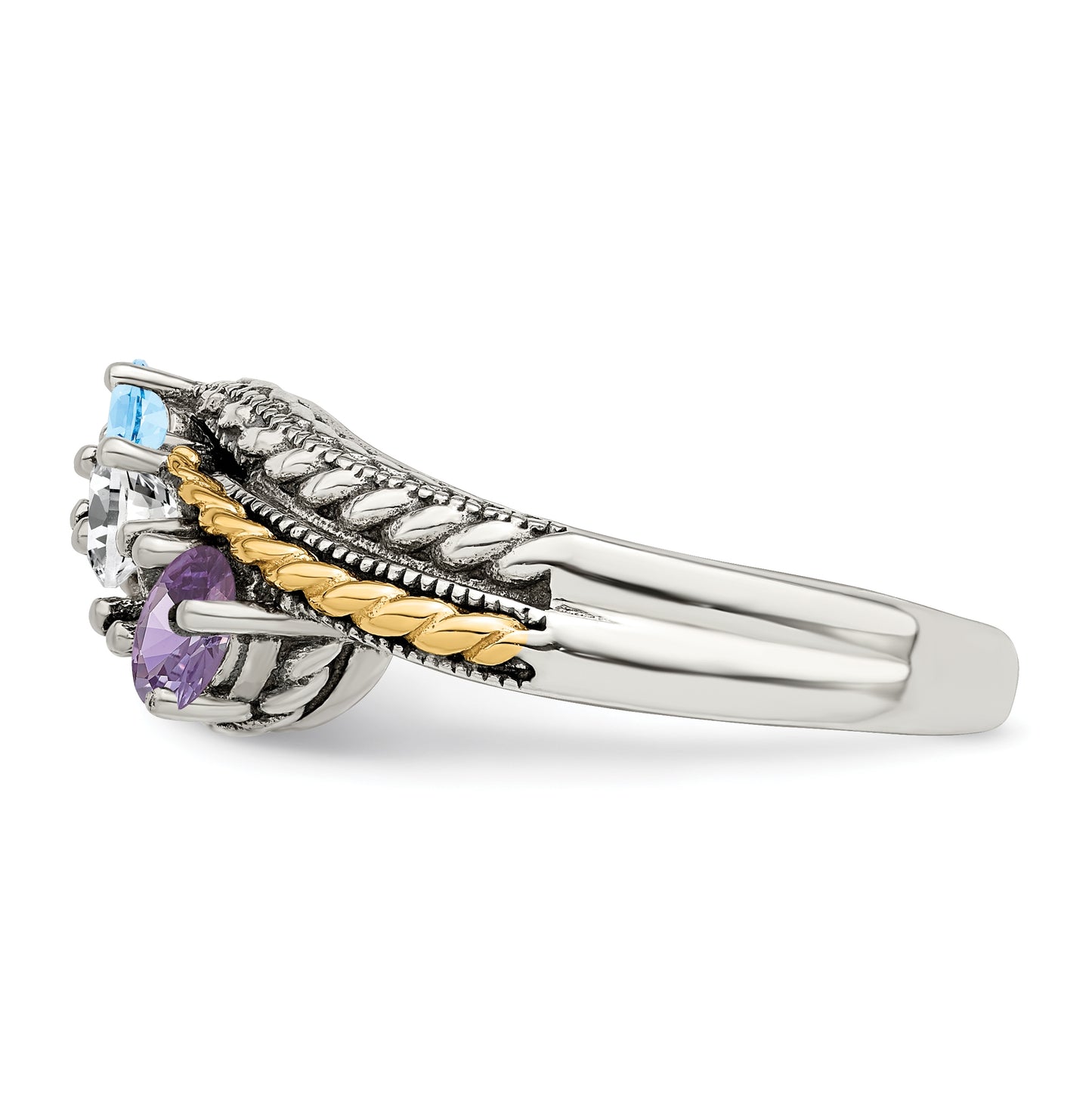Sterling Silver Antiqued with 14k 3stone Mothers Ring, Size 5