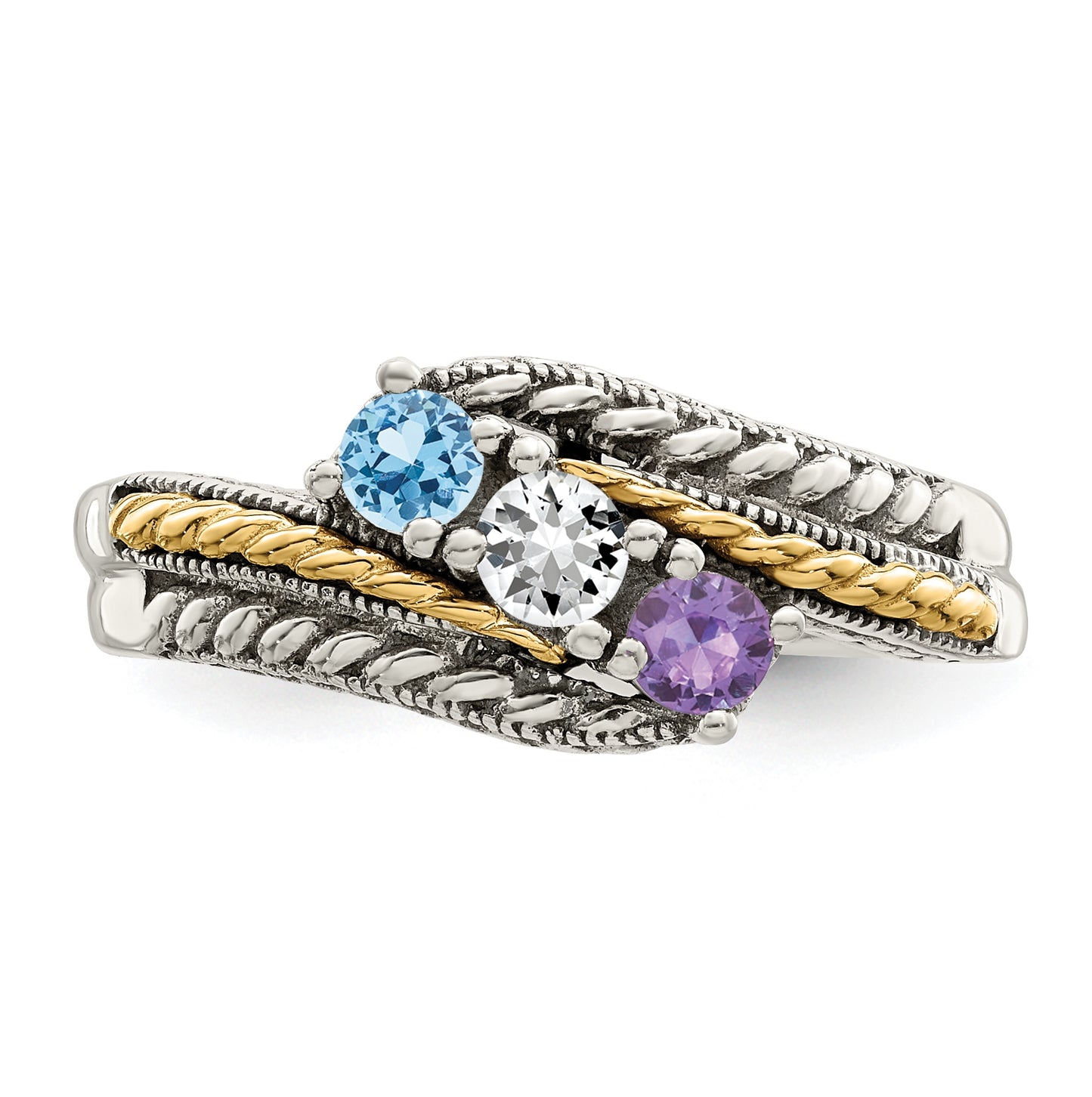 Sterling Silver Antiqued with 14k 3stone Mothers Ring, Size 7